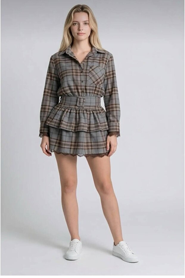 Checked Shirt with Detailed Mini Flare Dress