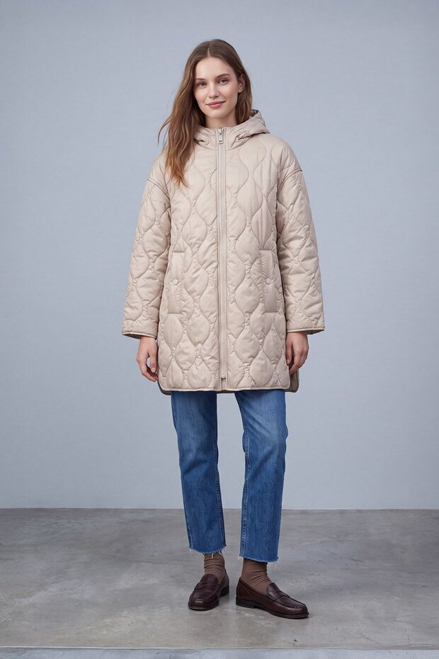 Baklava Patterned Quilted Inflatable Coat Beige 15277