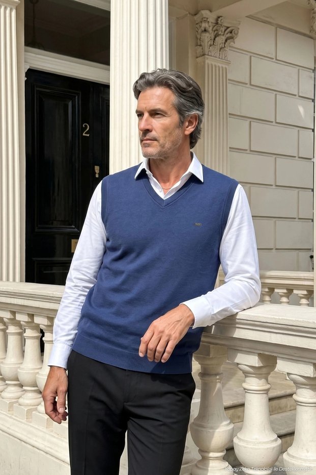 Men's V-Neck Indigo Sweater Thessaloniki Knit Classic Pattern - 5550H