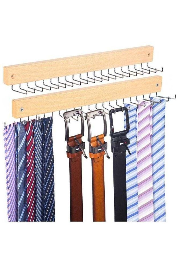 Tie Rack Wall Mounted, Natrual Wood Tie Organizer Holds 20 Ties/Belt/Purse, Tie and Belt Organizer w/ 360° Roatable Hooks,Screw Nail, Ideal for Installation on Wall、Door、Closet, 1 Pack, Natrual