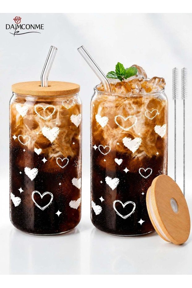 2 Pack Coffee Cups with Lids,16oz Glass Cups with Straws and Lids-Glass Coffee Cups,Drinking Beer Glasses with Bamboo Lids,Cute Glass Cups, Heart Shaped Glasses Cups