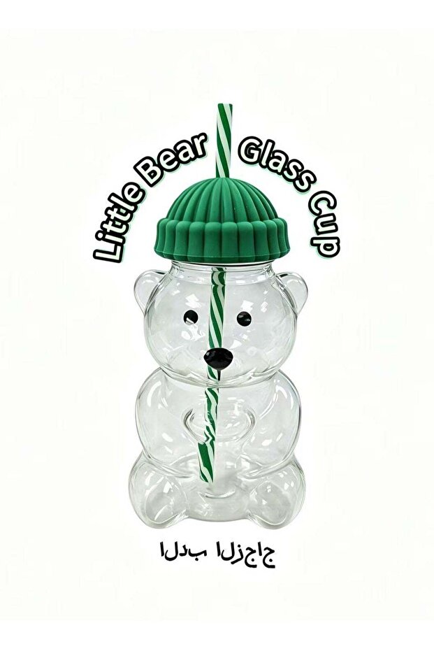 590ml Cute Bear Heat-Resistant Glass Mug with Lid and Straw, Reusable Iced Coffee Cup for Cold & Hot Drinks, Milk Tea Juice Water Bottle - Green
