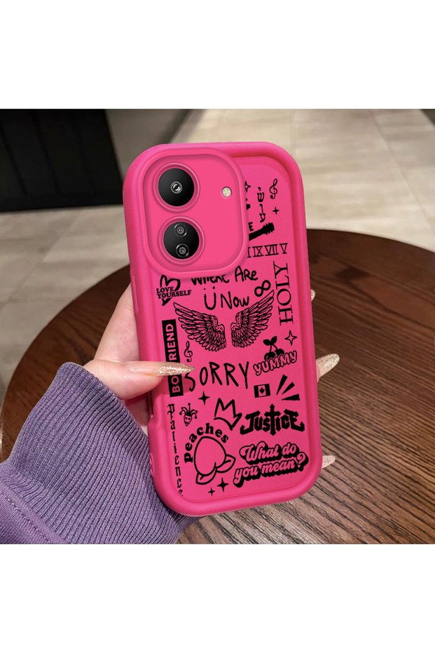 Poco C65 Compatible Pink Red Silicone Case Shockproof Camera Protection Graffiti Pattern