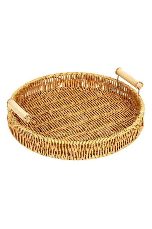 Imitation Rattan Wove Bread Basket, Fruits Storage Tray with Handles, Storage Basket for Serving Food, Vegetables, Crackers, Snacks