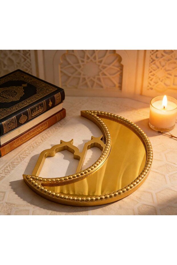 Ramadan Moon Serving Tray - Gold Mirror Metal Crescent Moon Decorative Food Tray for Eid Mubarak,