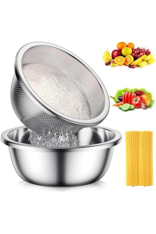 304-Stainless-Steel Colander with Mixing Bowls, 5-Quart Large Capacity, Metal Strainer Set Micropor