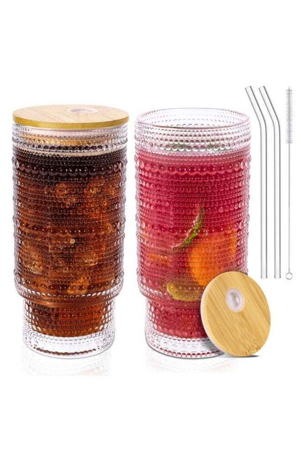 16 Oz Glass Cups with Lids and Straws, Vintage Embossed Glassware for Whiskey Cocktail Beer, Iced Coffee Cup with Lid, Glass Tumbler (2 PACK)