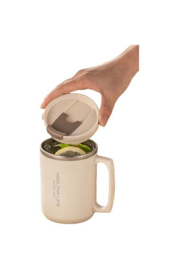 Caizhi 304 Stainless Steel Water Cup, Mug, Coffee Cup With Lid, Double-Layer Insulated Drinking Cup For Home Use, Coffee White Cz6228