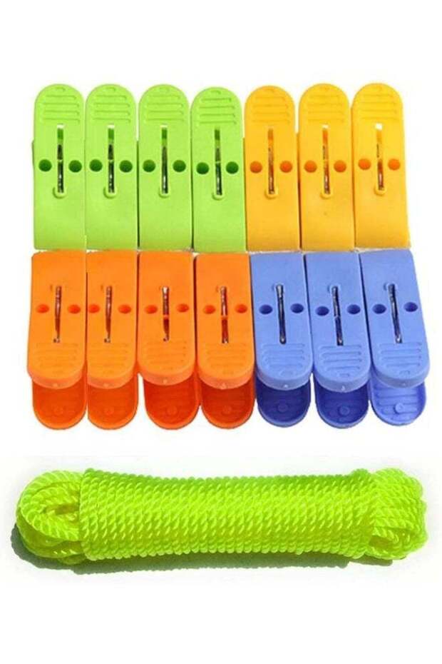 15Pcs Plastic Clip With Rope Laundry Clothes Pins Clips With 10 Meter Rope