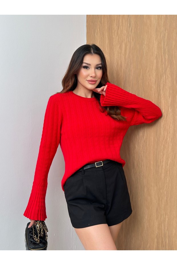 Women's Braided Volan Sleeve Knitwear Sweater