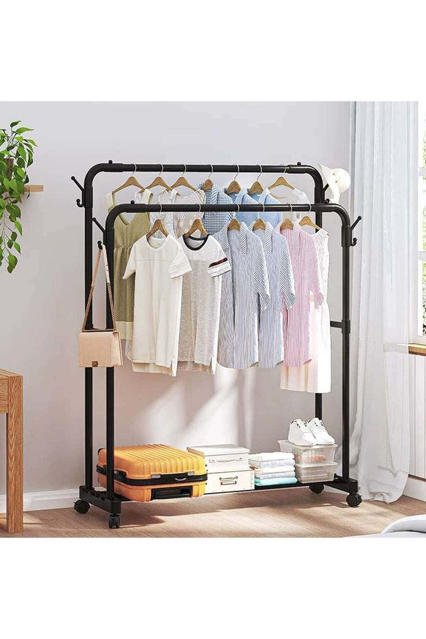 Clothes Rack with Rolling Lockable Wheels and Storage Shelf