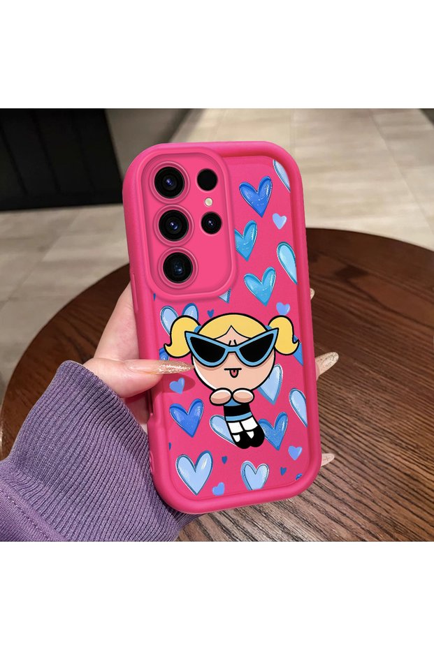 Samsung Galaxy S23 Ultra Compatible Pink Red Silicone Case Shockproof Camera Protection Heart Powerpuff Girls Patterned