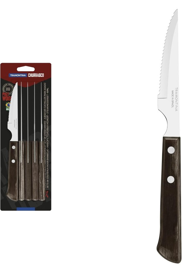 6-Piece Steak Knife Set with Brown Polywood Handle