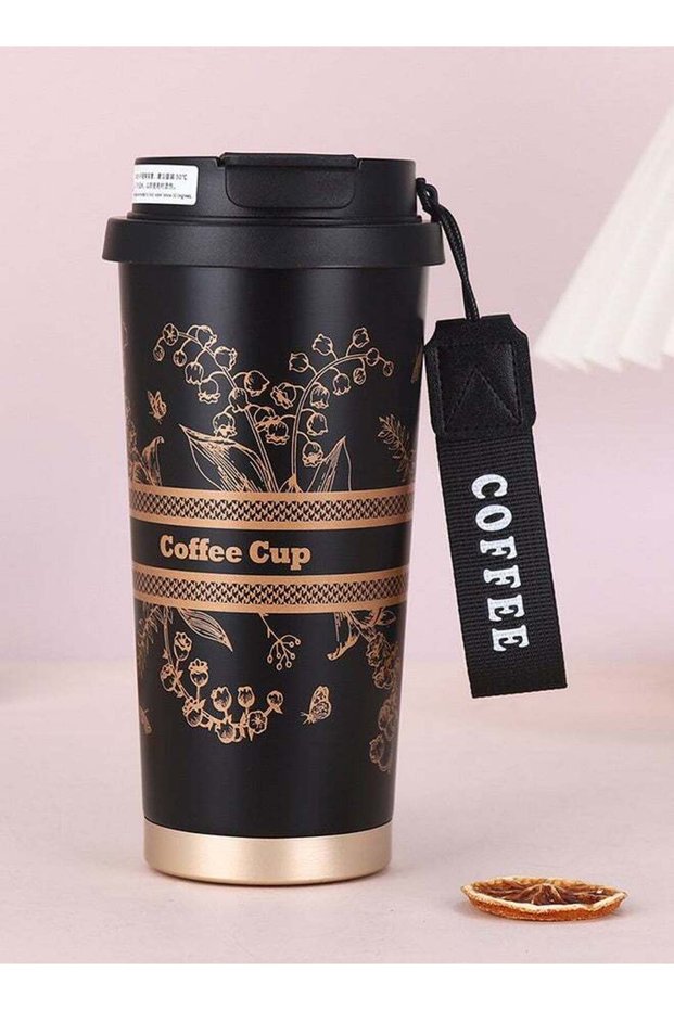 Stainless Steel Travel Tumbler, Black with Gold Floral Design, 500ml, Dual-Opening Lid, Insulated Coffee Cup with Straw