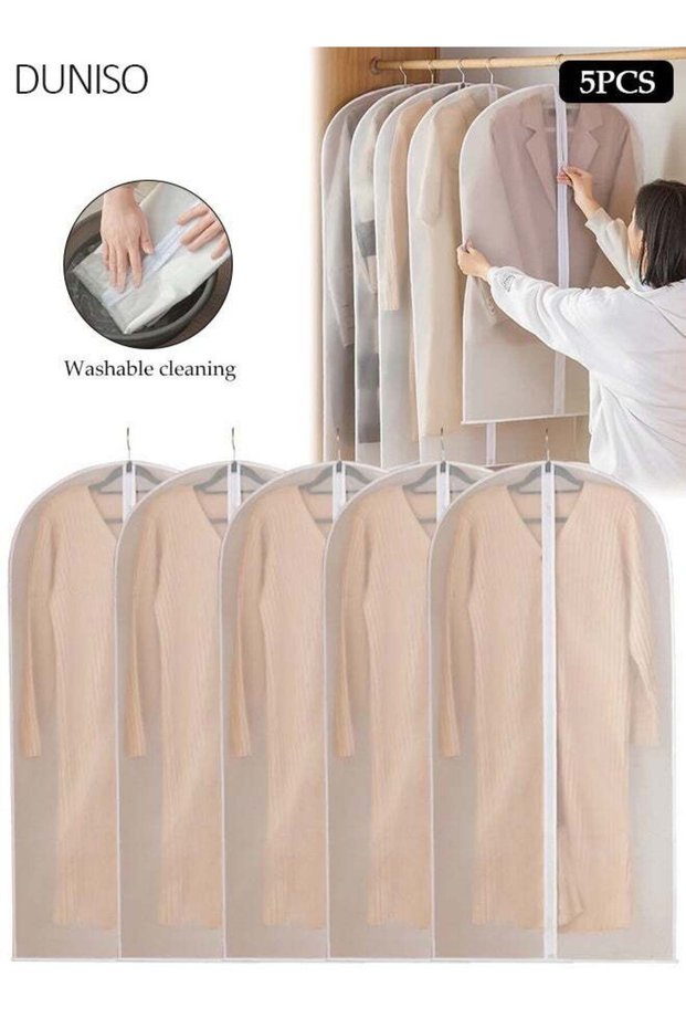5 Pack Hanging Garment Bags, Clear PEVA Clothes Cover Bags, Dust‑Proof Zipper Storage Protector for Abaya, Coats, Wedding Gowns