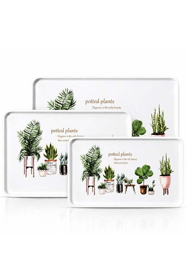 3 Piece Premium Melamine Serving Tray Set, Rectangular Food Serving Trays with Raised Edges, Botani