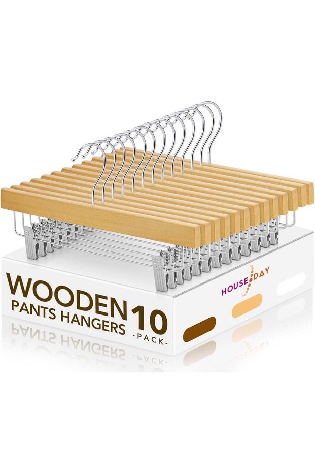HOUSE DAY 10 Pack High-Grade Wooden Pants Hangers with Metal Clips Grip Clip Pants Hanger, Smooth Finish Solid Wood Jeans/Skirt Hanger - Clip Hanger for Pant, Skirts, Slacks (Natural).