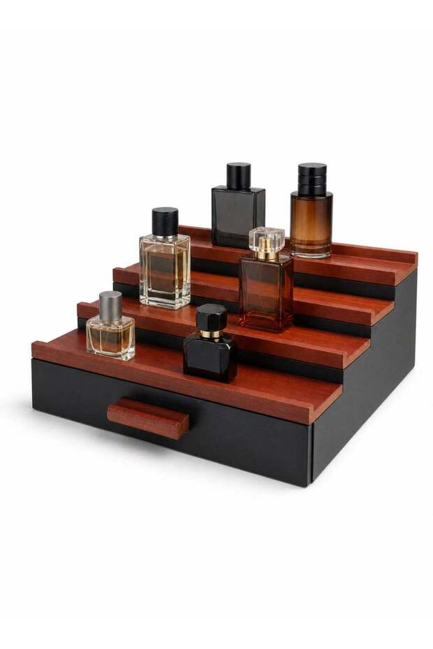 Wooden Perfume and Cologne Organizer, 4-Tier Fragrance Display Stand with 3 Hidden Compartments and Drawer Dividers, Large Dresser Vanity Organizer for Watches, Jewelry and Keys, Black Walnut