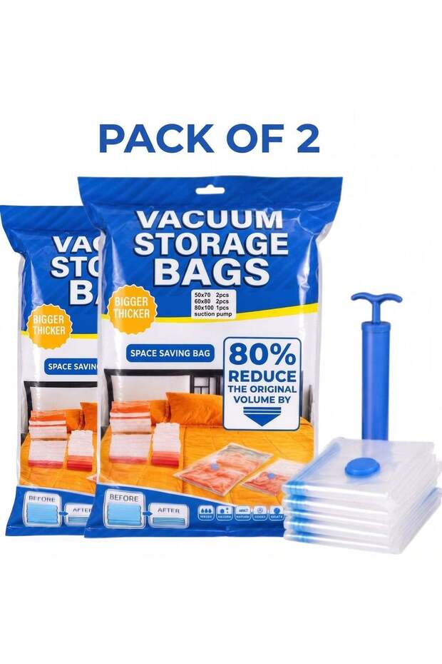 Vacuum Storage Bags with Hand Pump, Pack of 2 Space Saver Compression Bags for Clothes, Blankets, Comforters, Bedding & Travel Luggage, Reusable Airtight Vacuum Seal Bags with Double Zip Leak-Proof D