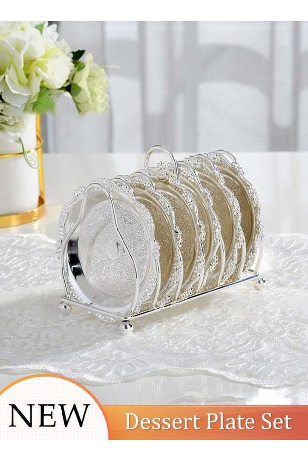 6pcs Dessert Plates Set Elegant Stainless Dessert Plate Set with Storage Rack Dinner Cake Dessert S