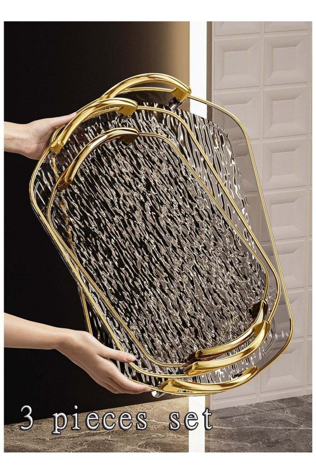3-PCS Clear Serving Tray Set with Polished Metal Handles - Modern Wavy Pattern Spill-Proof Plates f