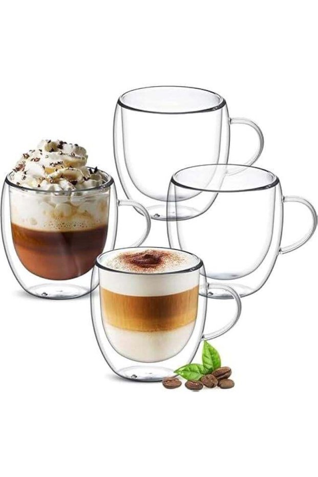 8 oz Double Walled Glass Coffee Mugs, Clear Cappuccino Glass Mug Set of 4, Double Insulated Glass Coffee Mugs with Handle, Latte Mug, Espresso Mug Cups for HotCold Drinks, Dishwasher Safe