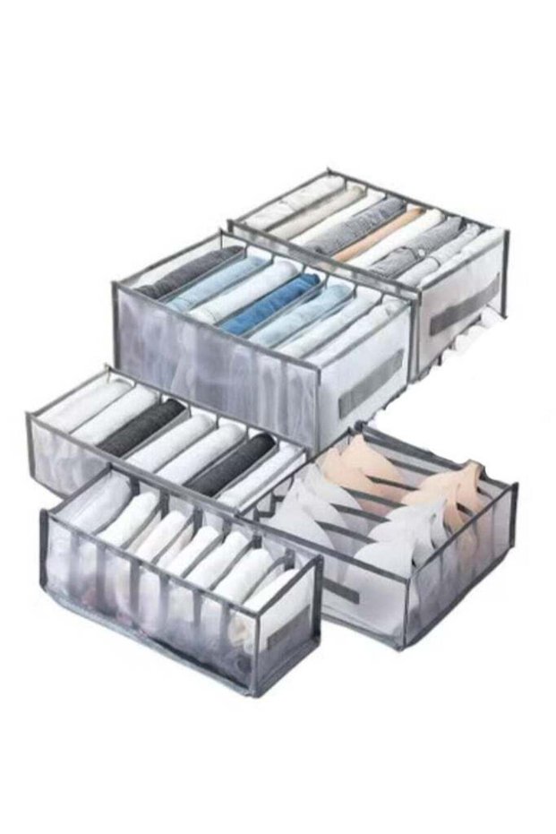 Wardrobe Clothes Organizer for Jeans, Upgraded Drawer Organizers for Clothing with Handle Foldable, Drawer Organizers Clothes for Family (5 Packs: Shirt+Jeans+T-Shirt+Bra+Underwear+Socks, Gray)