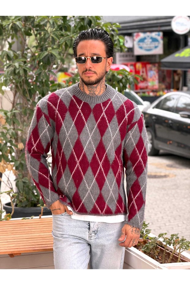Baklava Patterned Regular Fit Sweater Claret Red 2855