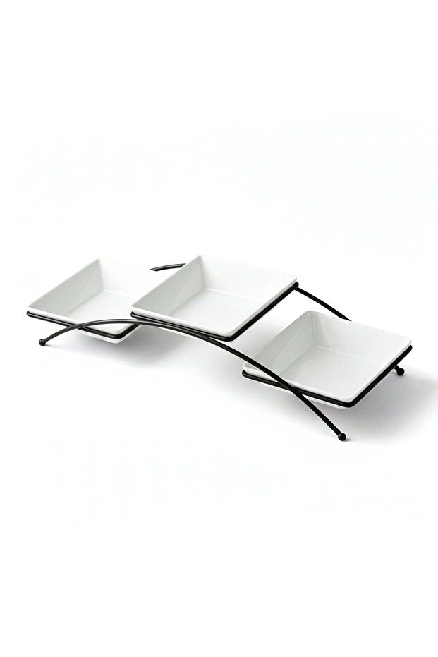 Shallow Serving Bowl Set – 3PCS Square 14cm Porcelain & New Bone China Bowls with Metal Stand for D