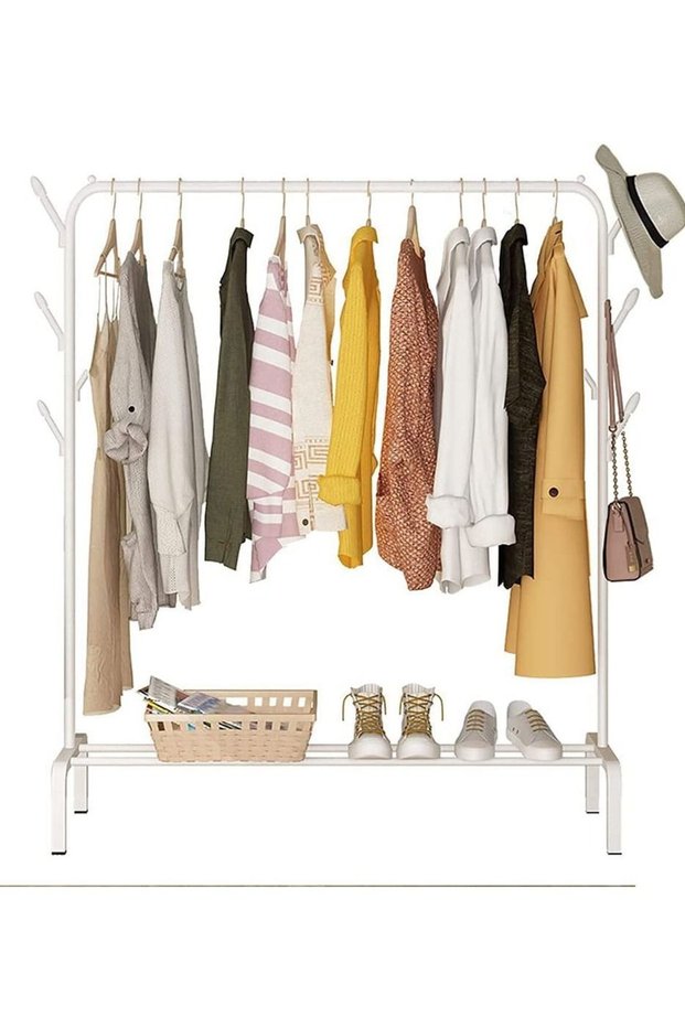Clothes Rack, Clothing Garment Rack Metal Double Rail Hanging Clothes Storage Shelf for Boxes Shoes Boots Commercial Grade Multi-Purpose Entryway Shelving Unit for Home Office Bedroom
