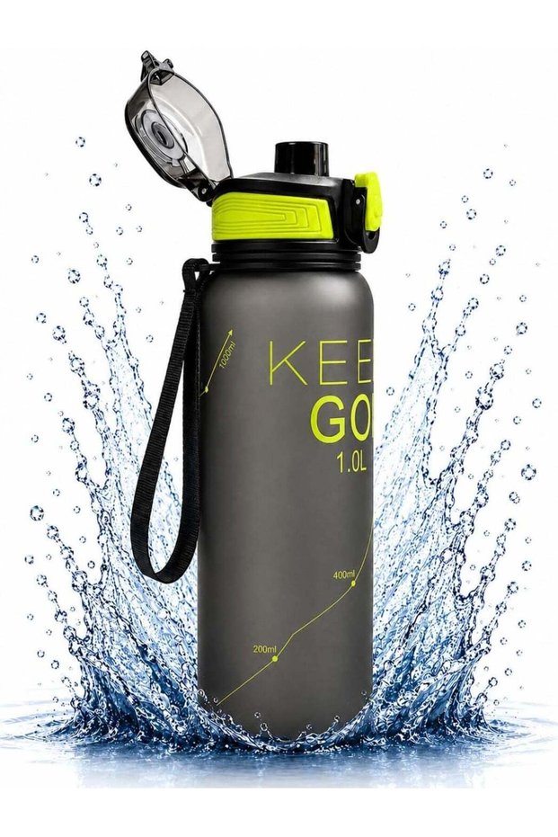 1000ml BPA Free Water Bottle with Water Level Scale, Leak Proof Flip Top Sports Bottle with Carry Strap, Reusable 1L Hydration Bottle for Gym, School, Office, Travel and Outdoor Activities