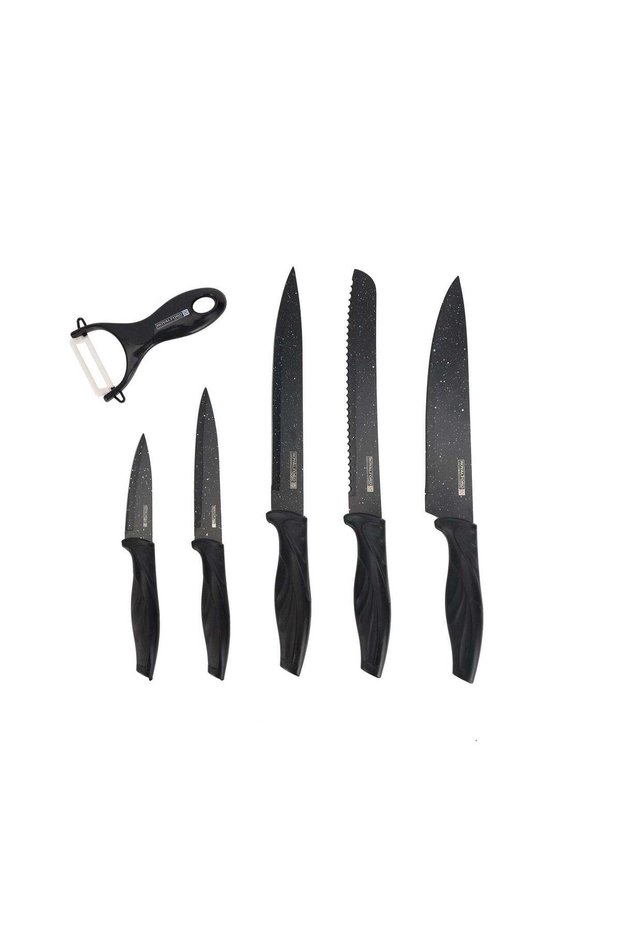 Royalford 6-Piece Granite Coated Kitchen Knife Set | Includes Chef, Slicing, Utility, Fruit, Bread Knife and Ceramic Peeler, Ergonomic Design, PP Handle | Ideal for Cooking, Food Prep | Black | RF125