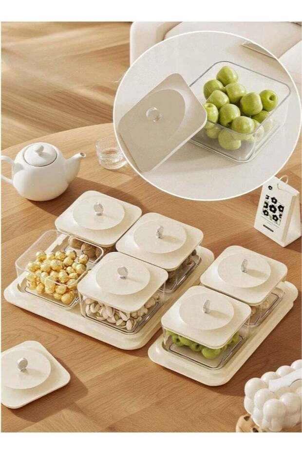 Elegant Creamy Serving Tray Set with 4 Lidded Nut Containers & Dessert Plates Multi-Purpose Snack O
