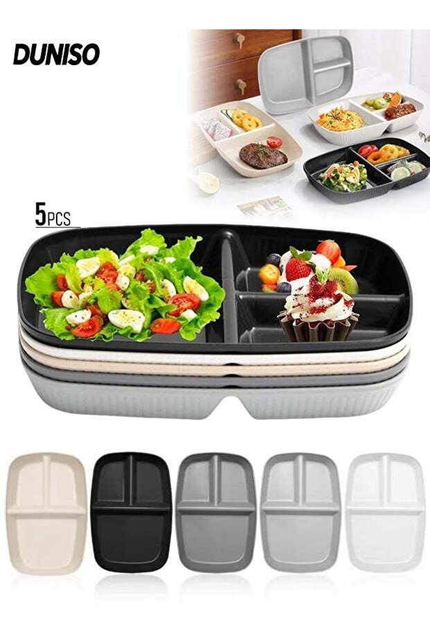 5 Pack Unbreakable Wheat Straw Divided Plates,Reusable Dinnerware,Round Plastic Plate with 3 Compa
