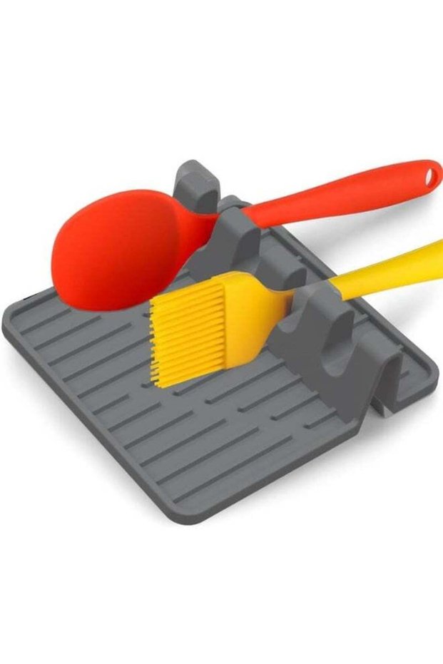 Gray Heat Resistant Silicone Spoon Rest with Drip Pad, BPA Free Non Slip Kitchen Utensil Spoon Holder Kitchen Gadget