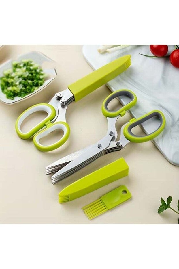 Versatile 5-Layer Stainless Steel Kitchen Scissors - Perfect for Green Onions, Seaweed & More - Ergonomic Grip, Easy Clean