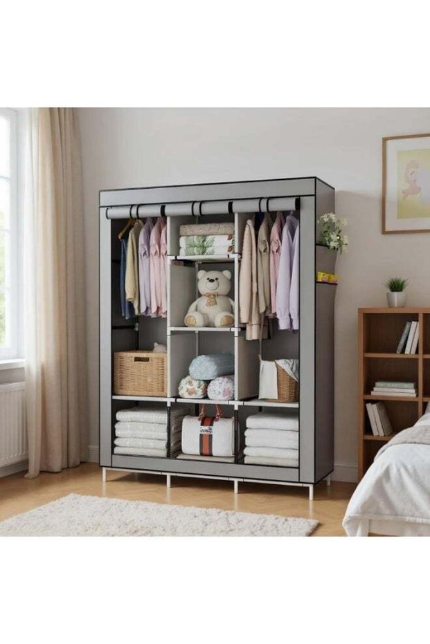Portable wardrobe organizer with 6 storage shelves, 2 hanging sections, and 4 side pockets