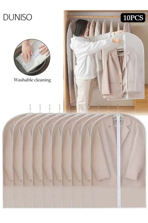 10 Pack Hanging Garment Bags, Clear PEVA Clothes Cover Bags, Breathable Dust‑Proof Zipper Garment Protector for Abaya, Long Coats, Maxi Dresses, 60×100CM