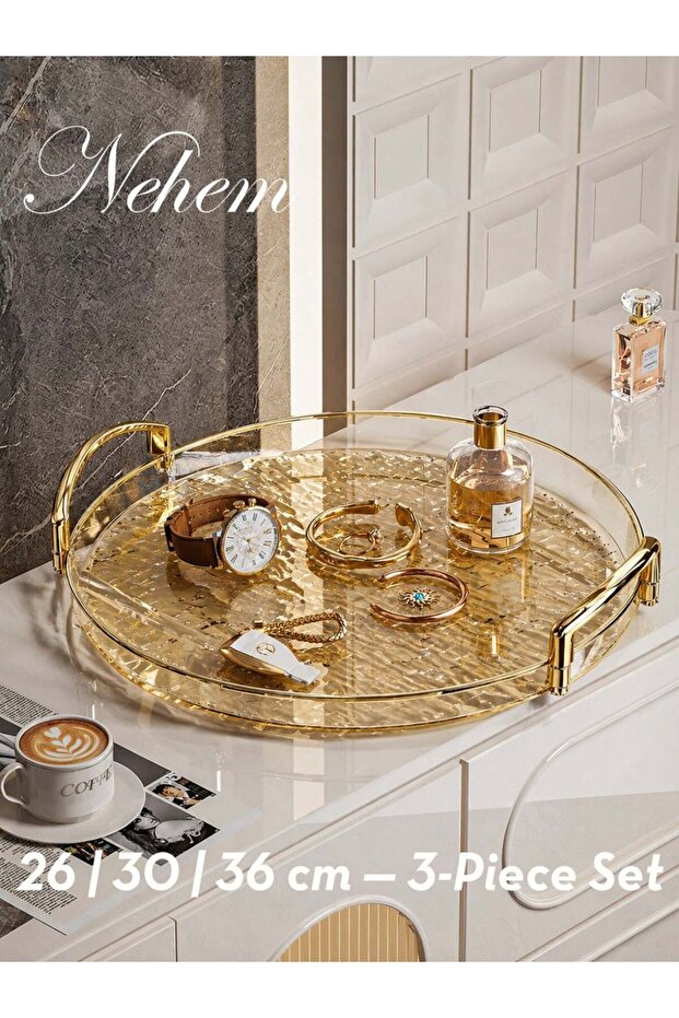 3-Piece Clear Serving Tray Set – Polished Metal Handles, Wavy Pattern, Spill-Proof Design, Decorati