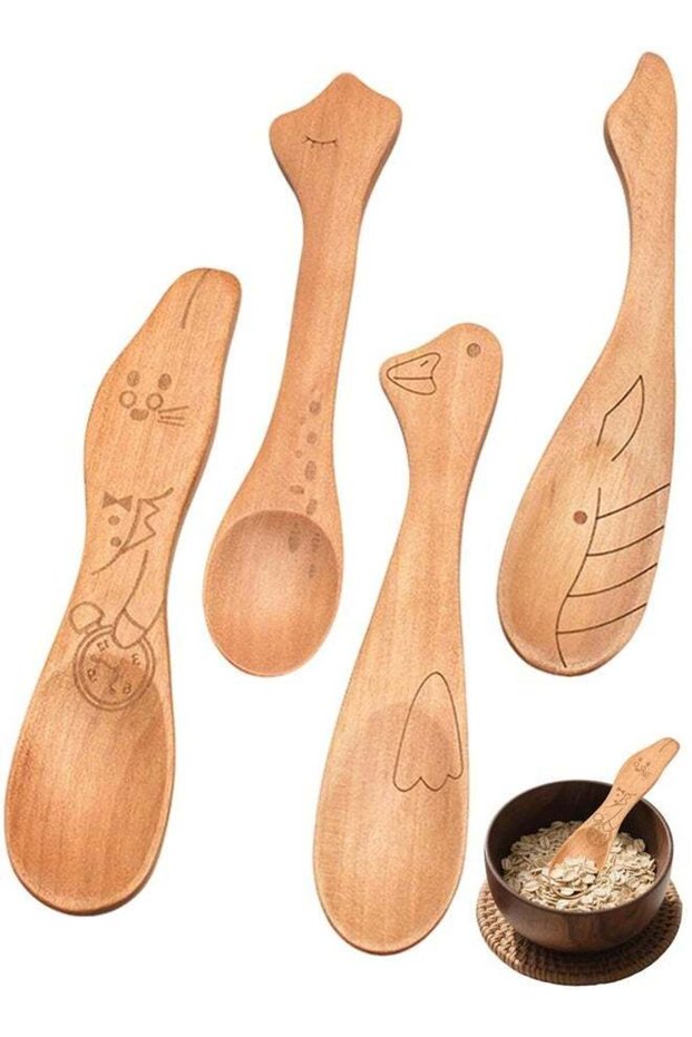 4Pcs Wooden Spoons, Flatware Baby Spoon Set Honey Coffee Tea Powder Spoon Serving Toddler Spoons for Cook Outdoor Restaurant