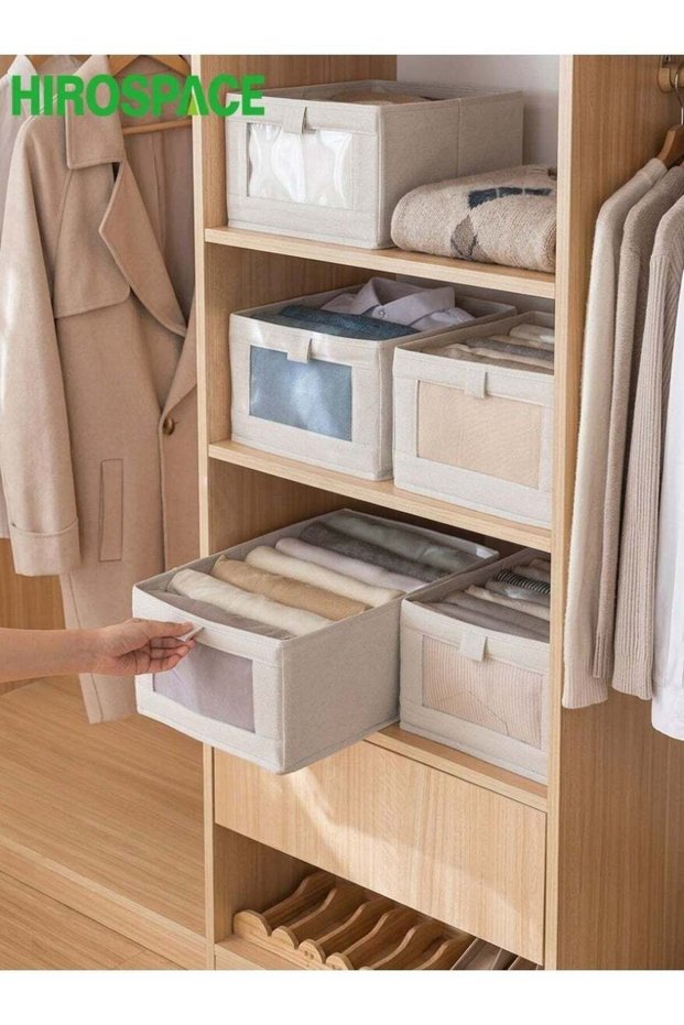 HIROSPACE fabric wardrobe storage box, folding garment drawer organizer with transparent windows, 4-in-1 fabric storage organizer, suitable for organizing underwear in the wardrobe drawer (4-piece se
