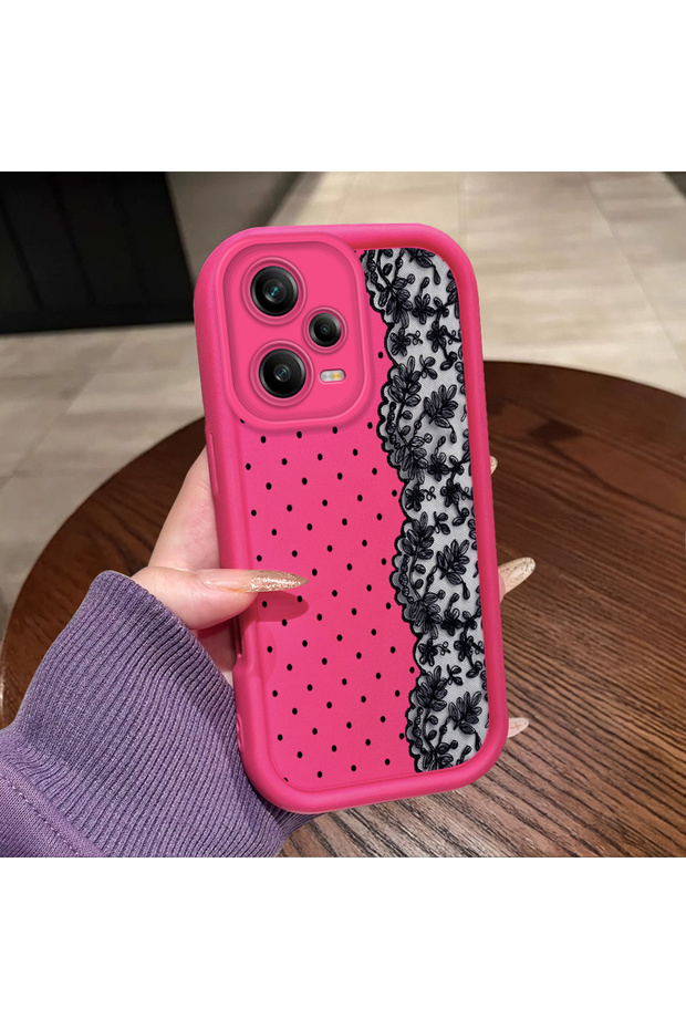Redmi Note 12 Pro 5g Compatible Pink Red Silicone Case Shockproof Camera Protection Dotted Lace Pattern