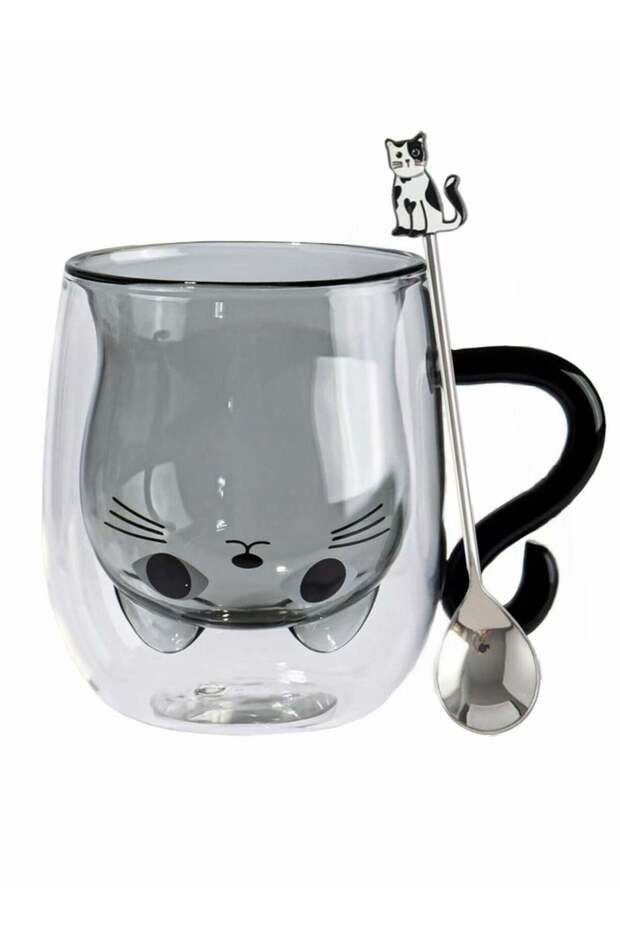 Cute Cat Mugs Glasses Double Wall Insulated Glasses Espresso Cup, Coffee Cup, Tea Cup, Milk Cup With 1 Piece Cute Cat Spoon, Best Gift for Office and Personal Birthday(Black Cat)