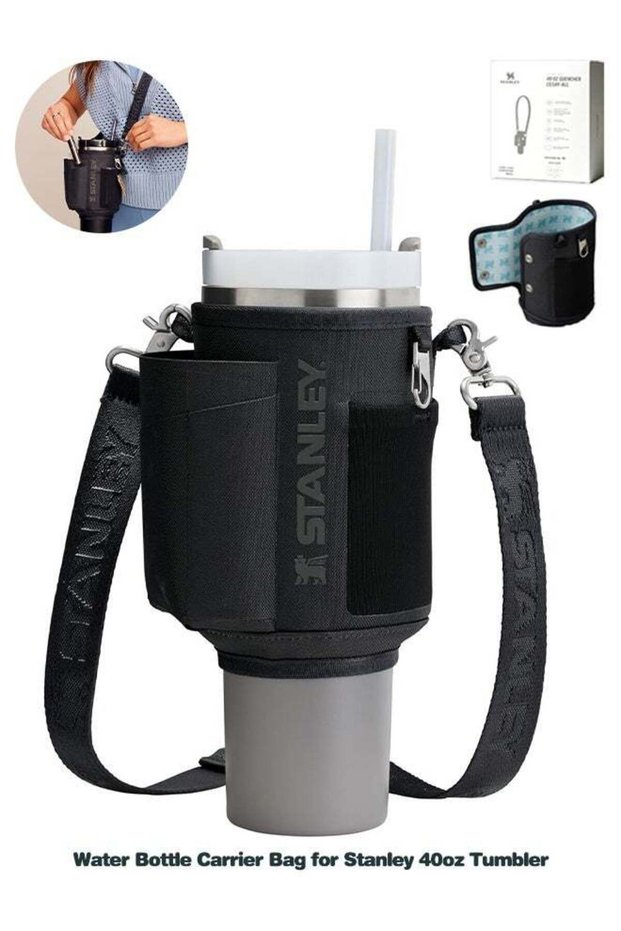 Water Bottle Carrier Bag with Phone Pocket for Stanley Cup 40 oz, Water Bottle Holder with Adjustable Strap& Straw Cover, Stanley Cup Accessories