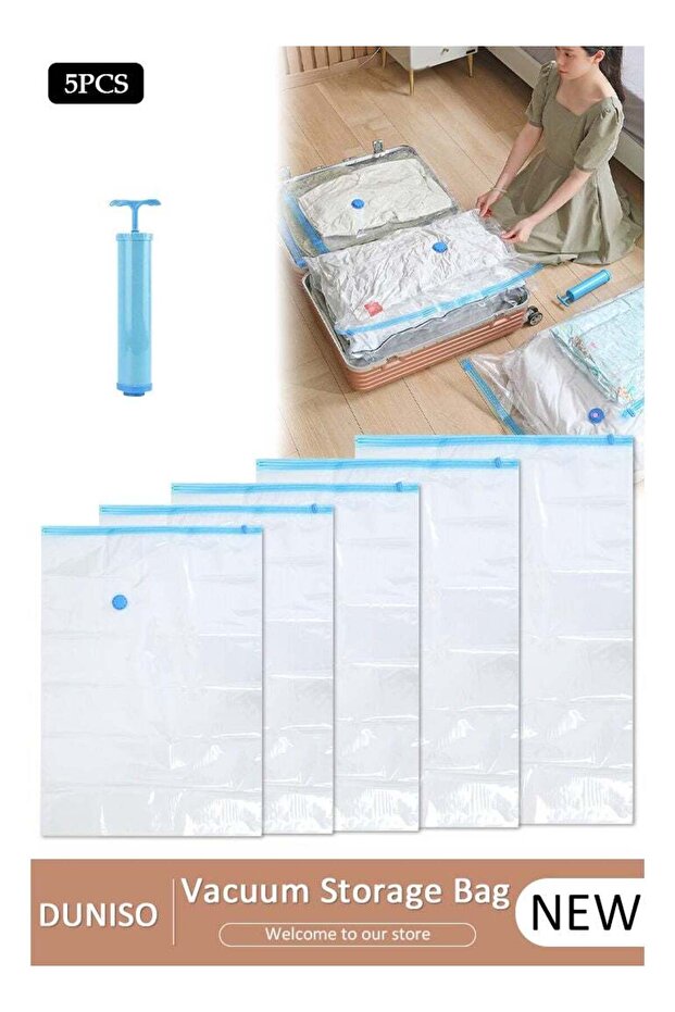5 PCS Vacuum Storage Bag with Handle Pump, Reusable Travel Vacuum Sealer Bags, Compression Airtight Sealer Bags with Seal Special-Grip Clip, Space Saver Compression Bags for Clothes, Mattress, Blanke