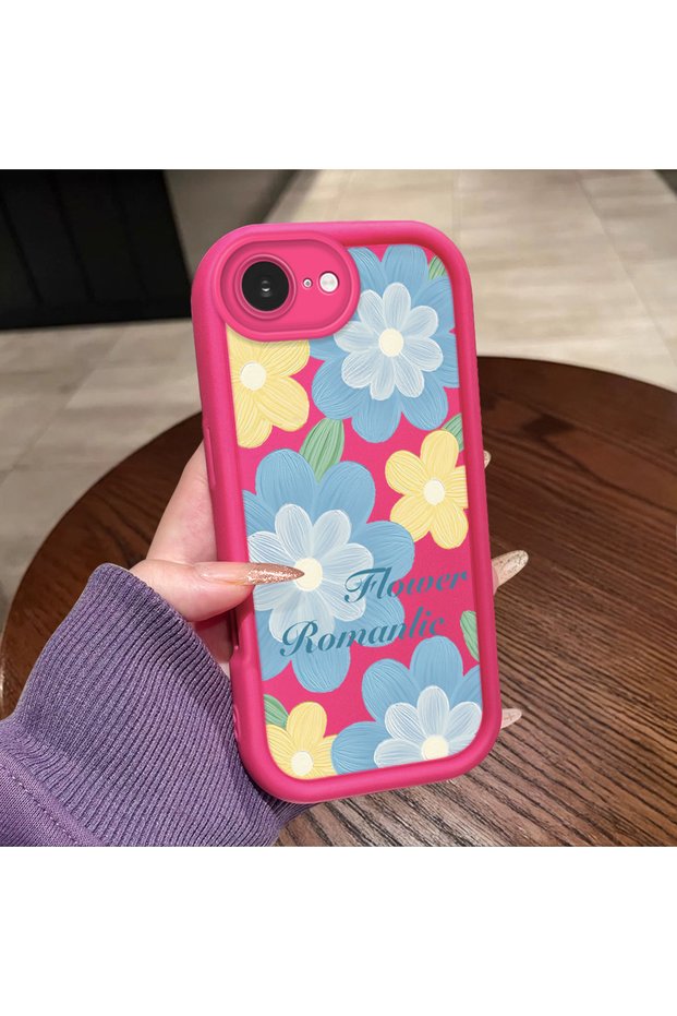 iPhone 16E Compatible Pink Red Silicone Case Shockproof Camera Protection Floral Pattern