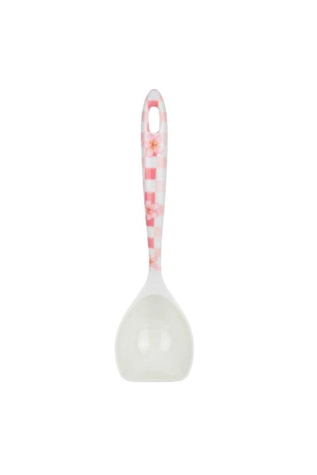 Floral Pattern And Pink Checkered Melamine Serving Spoon With Comfy Grip Handle And Hanging Loop