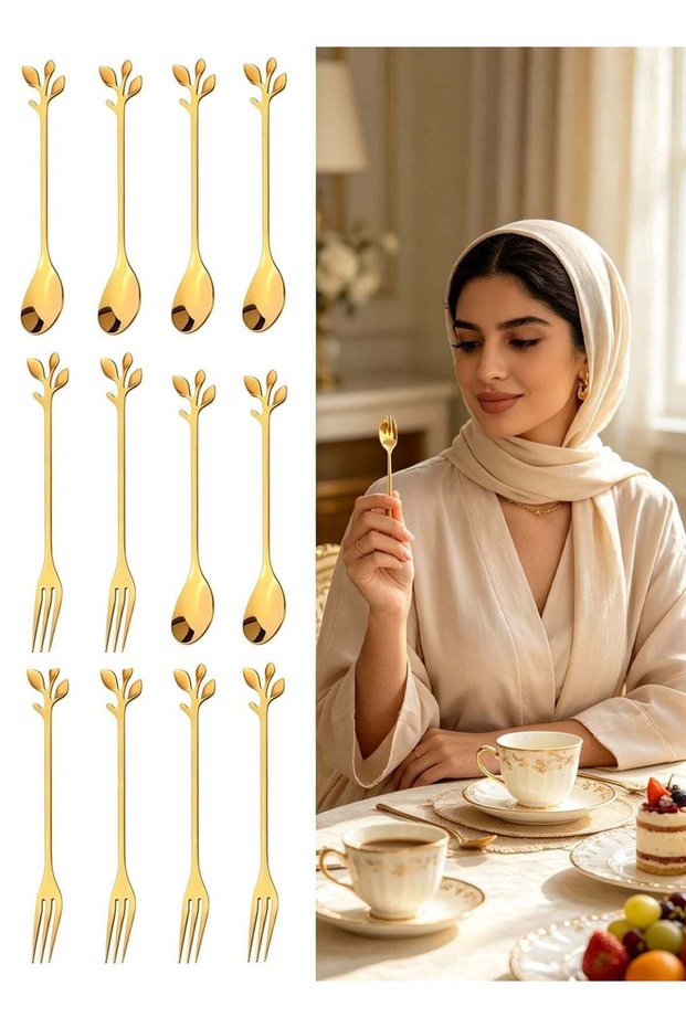 12pcs Stainless Steel Gold Leaf Coffee Spoon and Cake Fruit Forks Kitchen Accessory Wedding Party for Dessert, Salad, Appetizer, Spoon and Fork Set(6 Forks + 6 Spoons) (Gold)