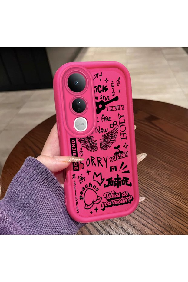Vivo V50 Lite 4G/5G Compatible Pink Red Silicone Case Shockproof Camera Protection Graffiti Pattern