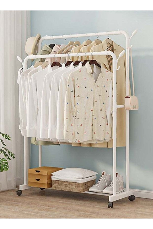Double Rods Clothes Rack with Roller, Metal Garment Rack with Shoe rack and Hooks, Multipurpose Clothes Hanger Organizer,Suitable for Bedrooms, Balconies and Living room (White)